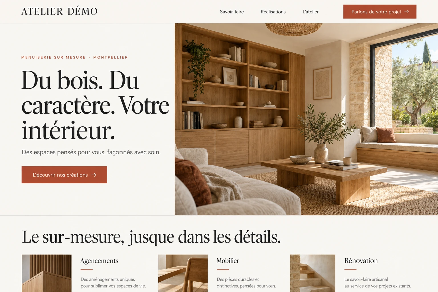 Proposition de refonte fictive : grande photo de menuiserie, présentation claire et bouton de contact visible.