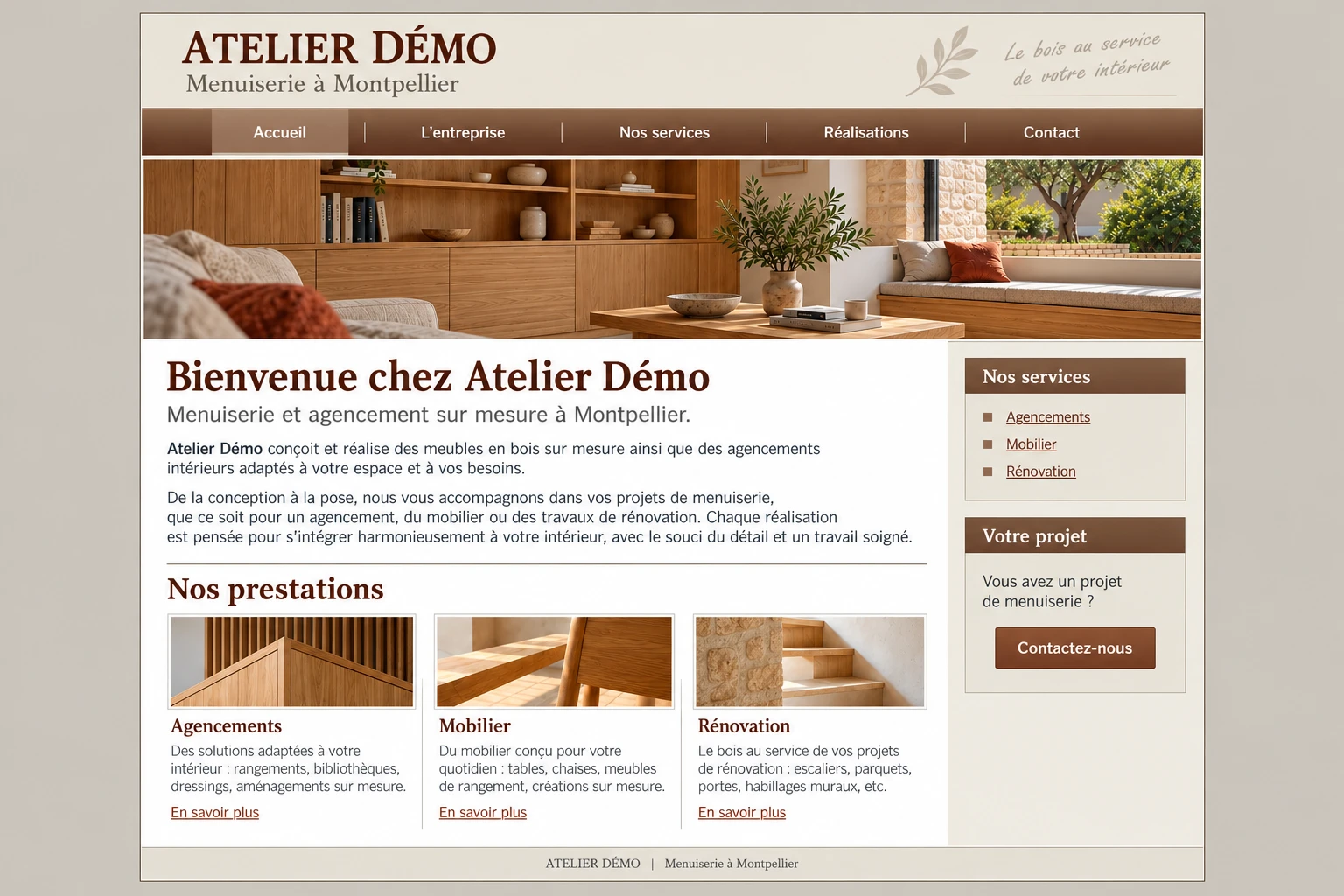 Maquette initiale fictive : ancien site Atelier Démo, avec une mise en page encadrée beige et marron, un menu en dégradé et une colonne latérale.